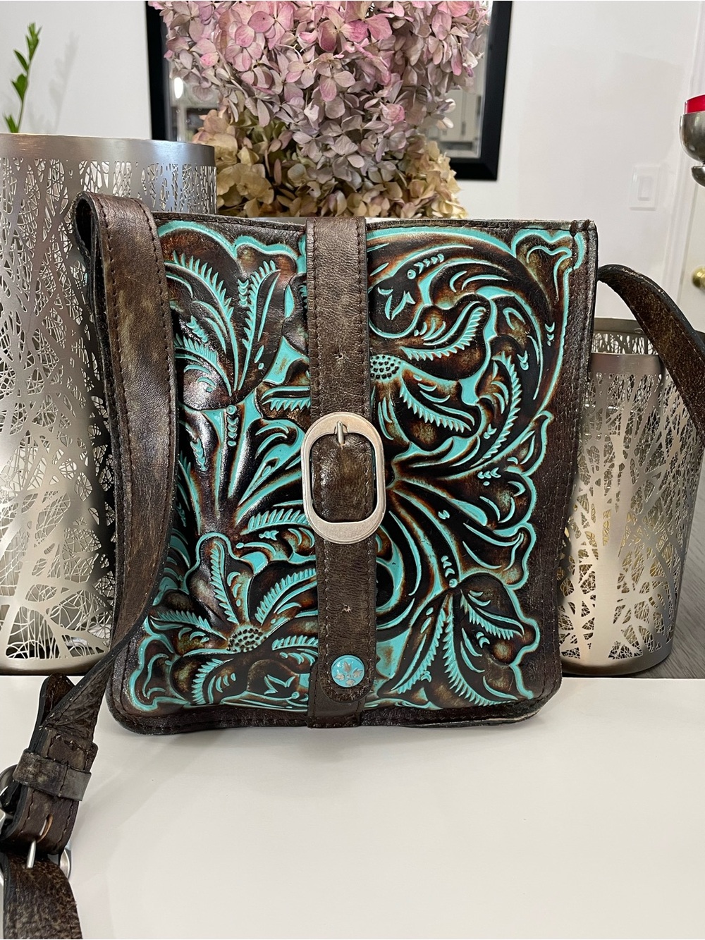 Patricia Nash Tooled Leather Crossbody Bag Turquoise Floral Embossed Boho